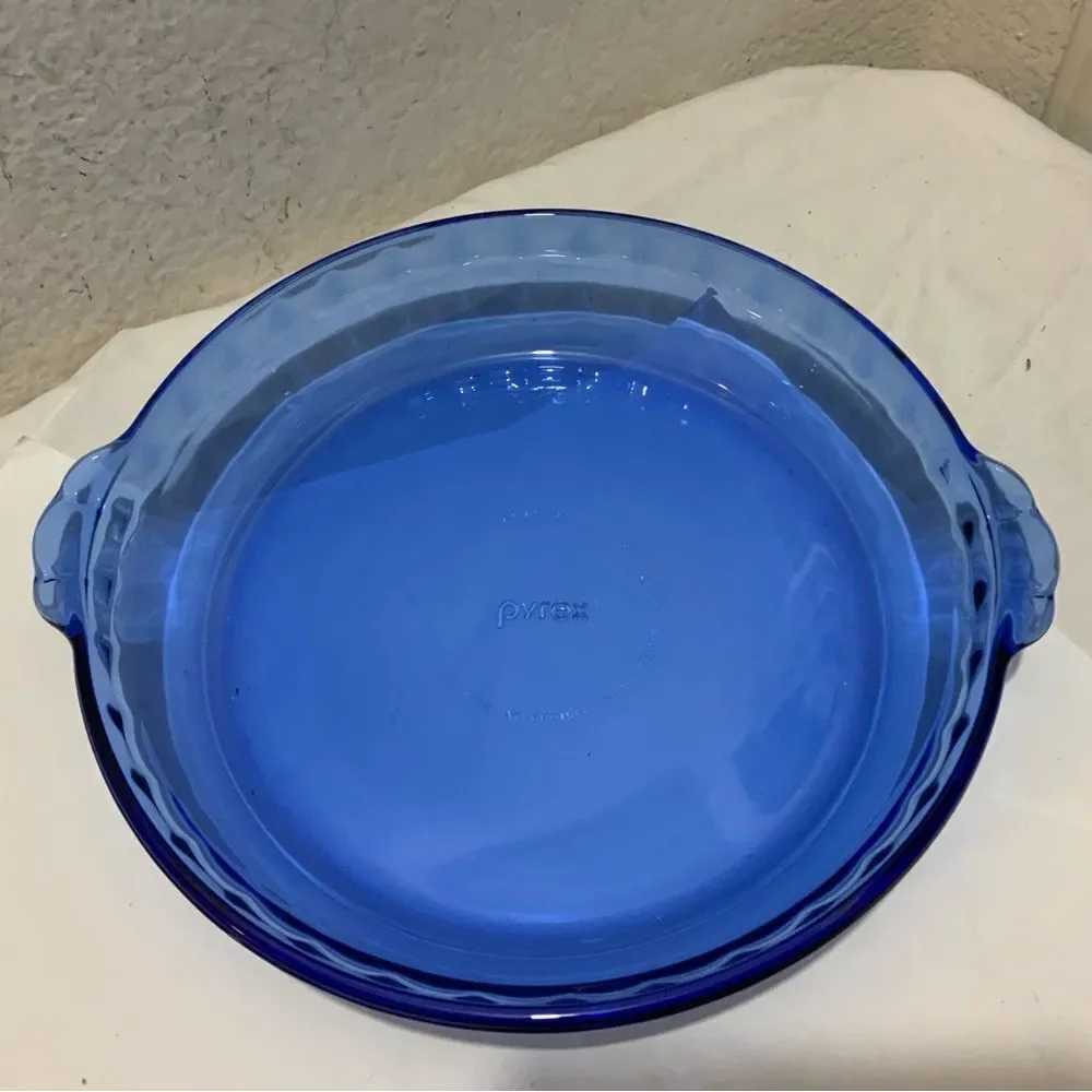 Vtg PYREX Cobalt Blue Glass Fluted Pie Pan Crimped Deep Dish Plate 229 ~…